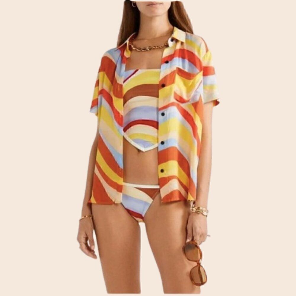 Solid and Striped Blue Orange and Cream Retro Wave 70's Style Button Down Shirt
